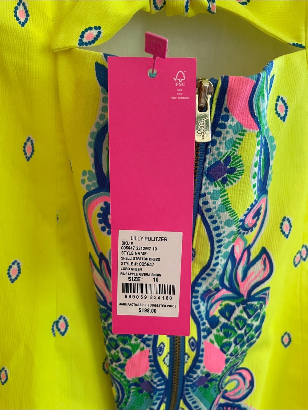 NWT Lilly Pulitzer Neon Yellow Mini Dress with Blue and Pink Border - Picture 4 of 4